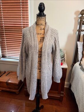 CAbi Light Gray Open-Front Cable Knit Cardigan